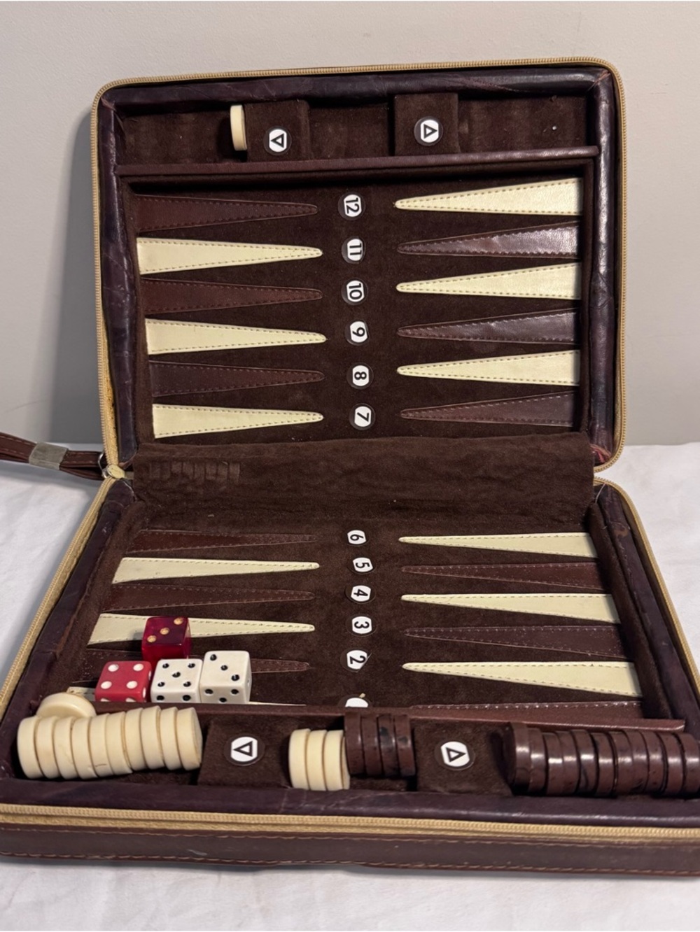 Vintage Travel Backgammon Set, Faux Leather Zippered Case. All Counters Intact .